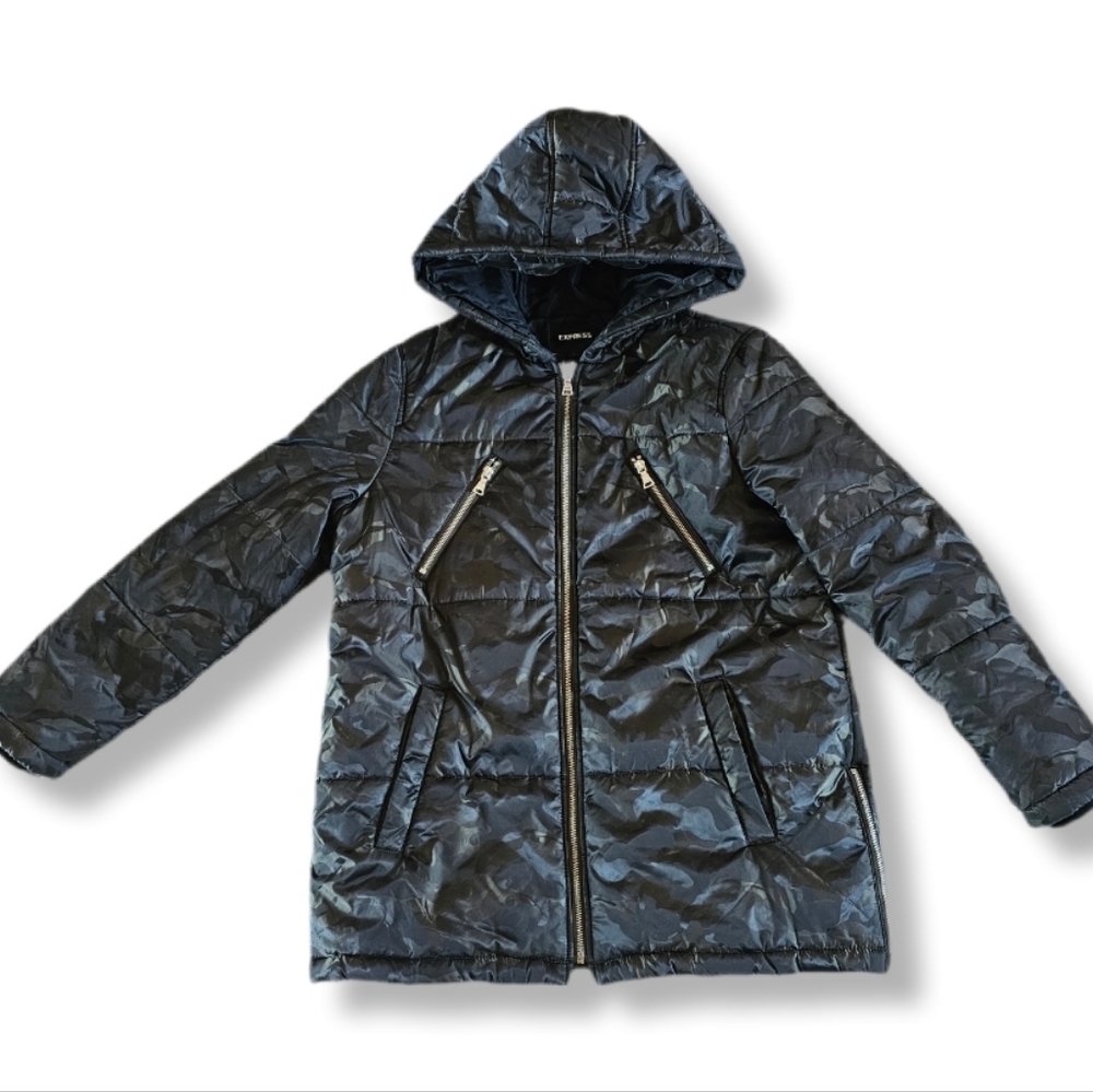 Express Camo Long Puffer Coat Size Medium Hooded Winter Outdoor Ski Gorpcore